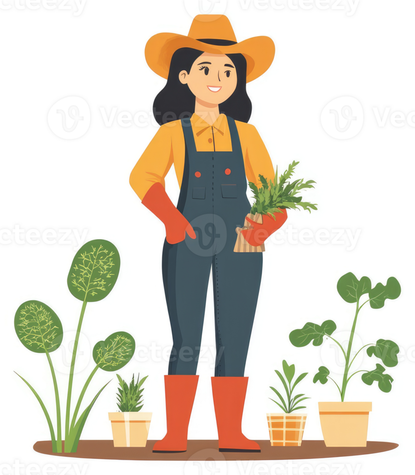 A smiling gardener holds plants in her hands. png