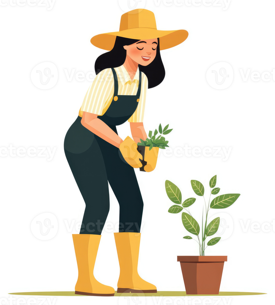 A woman in gardening overalls planting a small plant in a pot. png