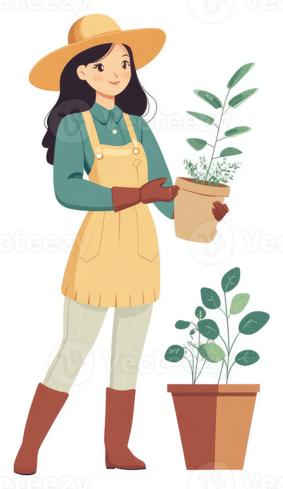 A woman in gardening attire holding a plant pot. png