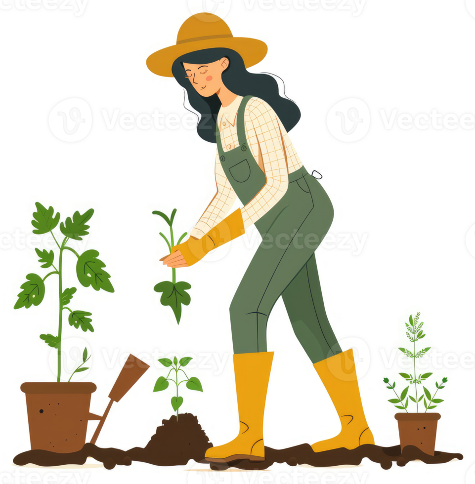 A woman in gardening overalls plants seedlings in a garden. png