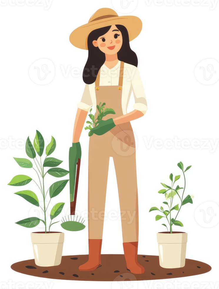 A cheerful gardener tending to plants in pots. png