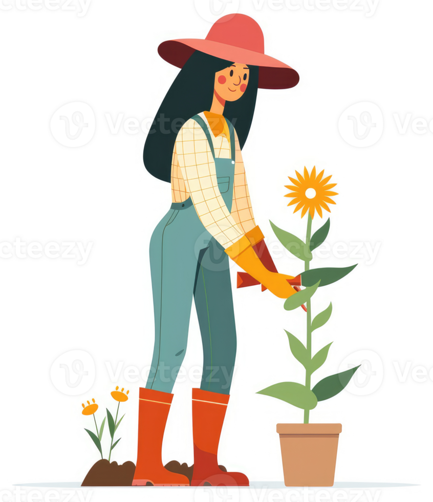 A woman in gardening overalls tending to a sunflower in a pot. png