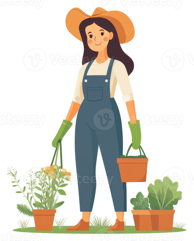 A woman in overalls tending a garden with flowers and leafy plants. png