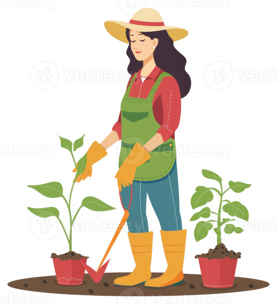 A woman gardener tending to young plants in a garden. png