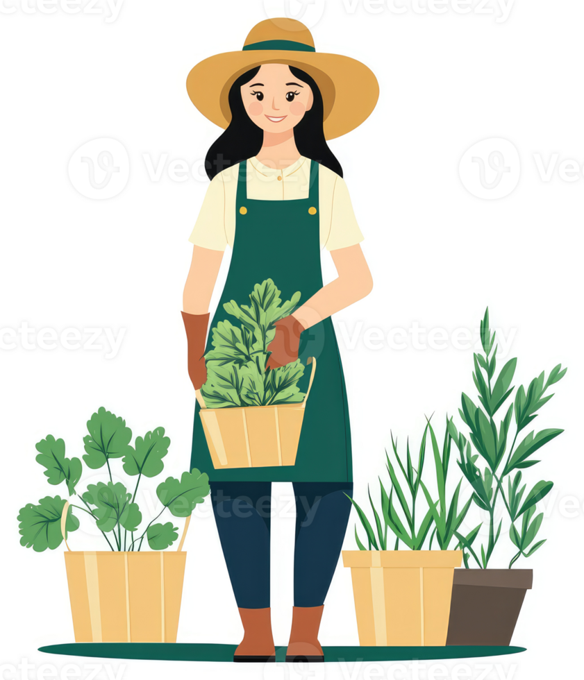 A cheerful gardener carrying a basket of fresh herbs. png