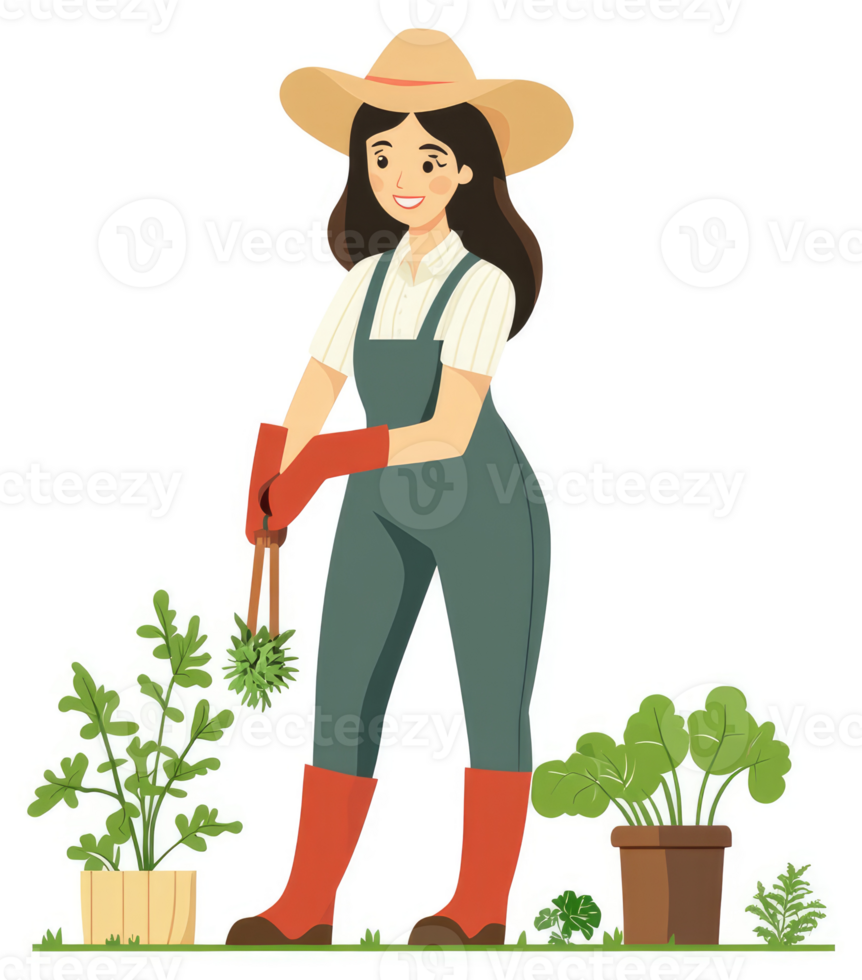 A cheerful gardener tending a vibrant garden. png