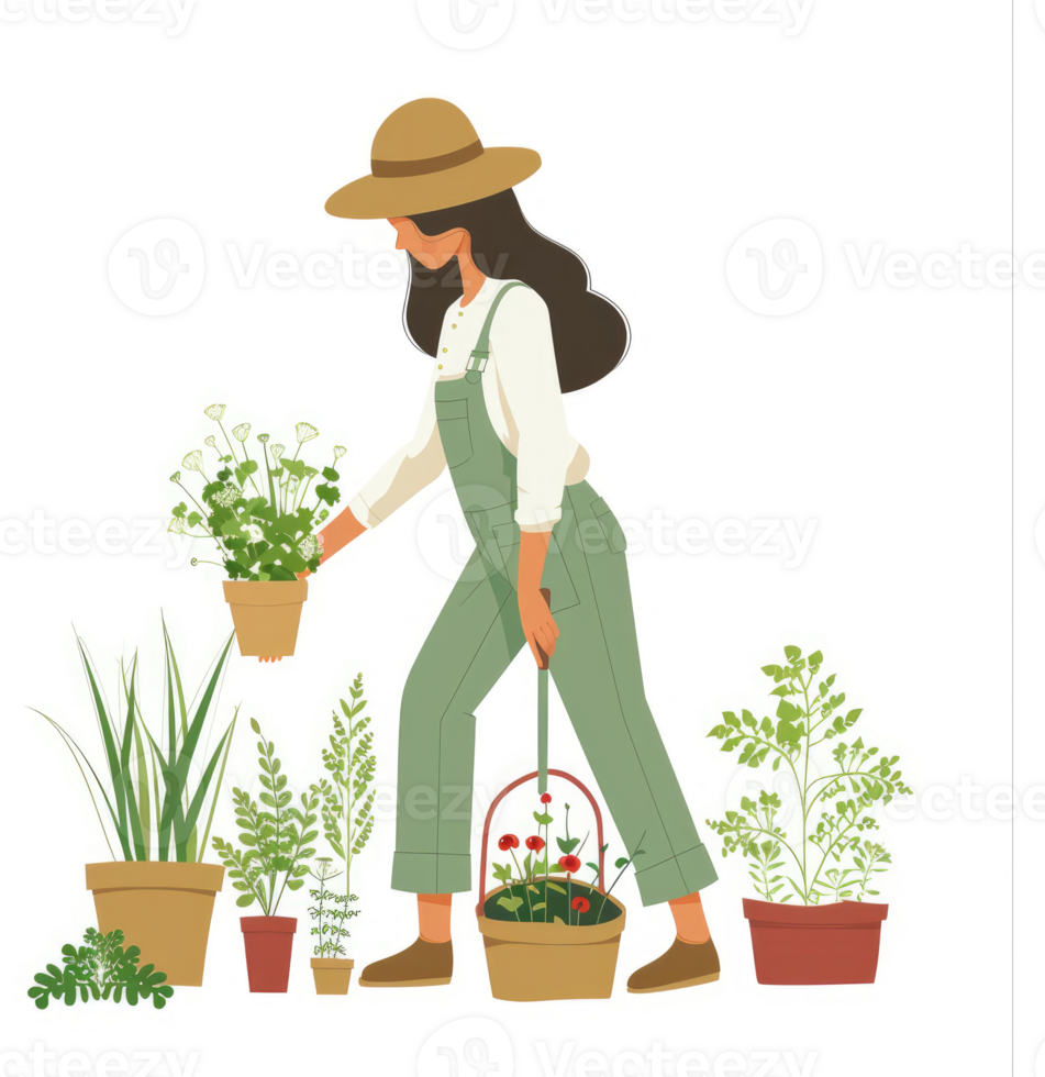 A woman gardener tending to various potted plants in a garden. png