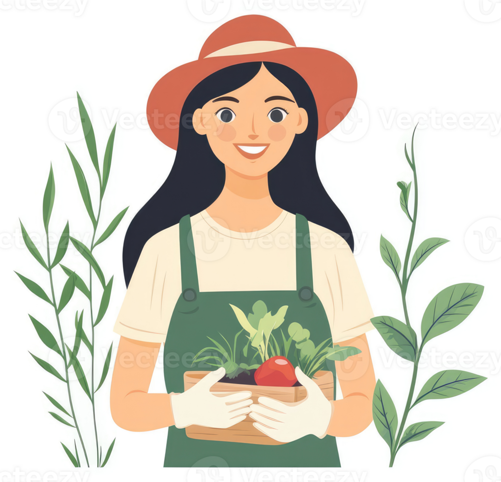A happy gardener holds a box of fresh vegetables and plants. png