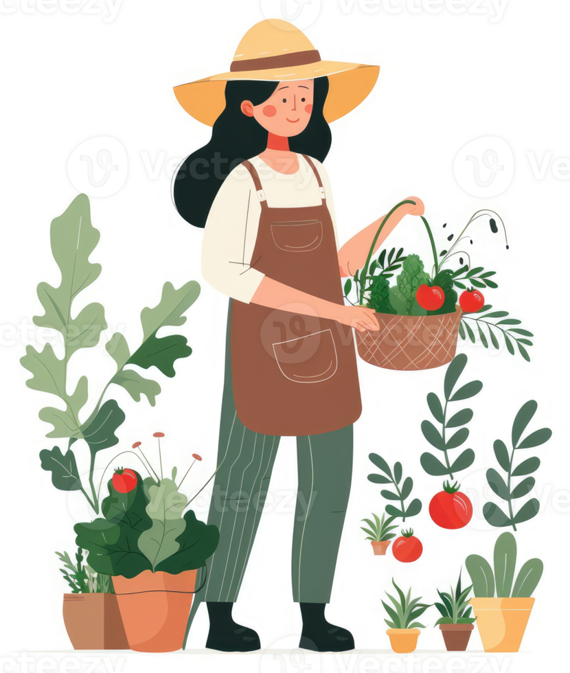 A woman gardener harvests a basket of fresh produce in a vibrant garden. png