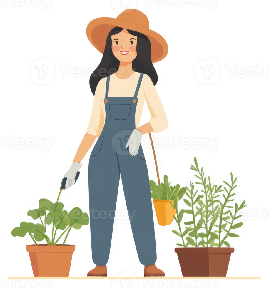 A woman gardener tending to plants in pots. png