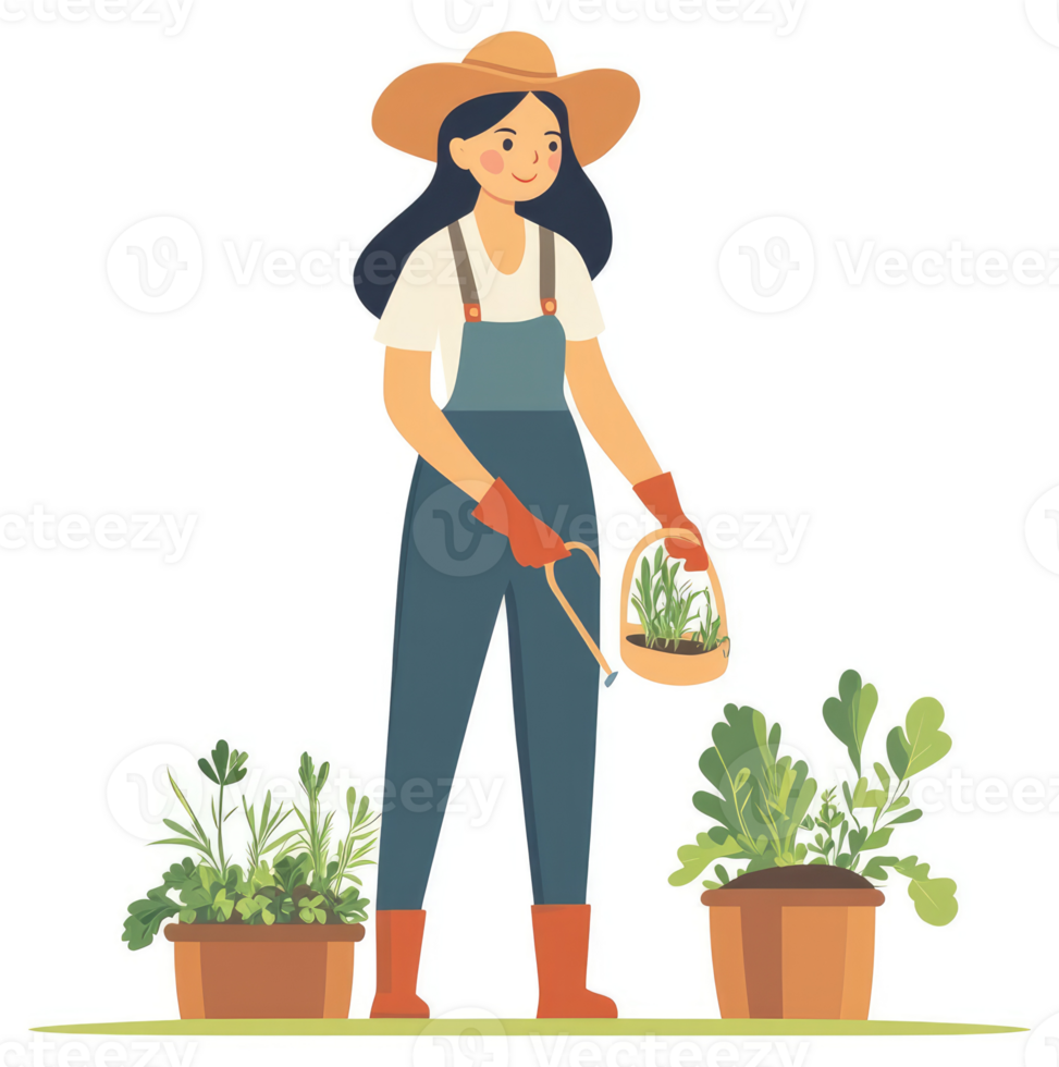 A woman gardener transplanting young herbs and plants into containers. png