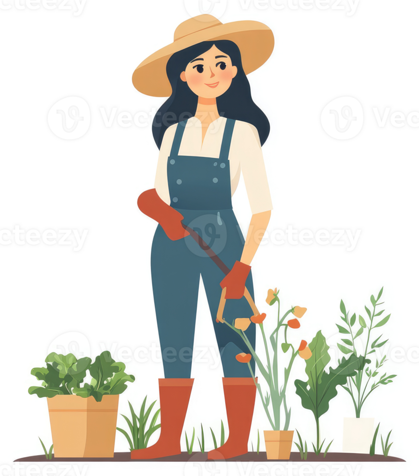 A woman tending to a garden with various plants. png