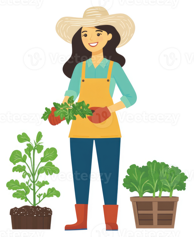 A smiling gardener tending to her fresh produce plants. png