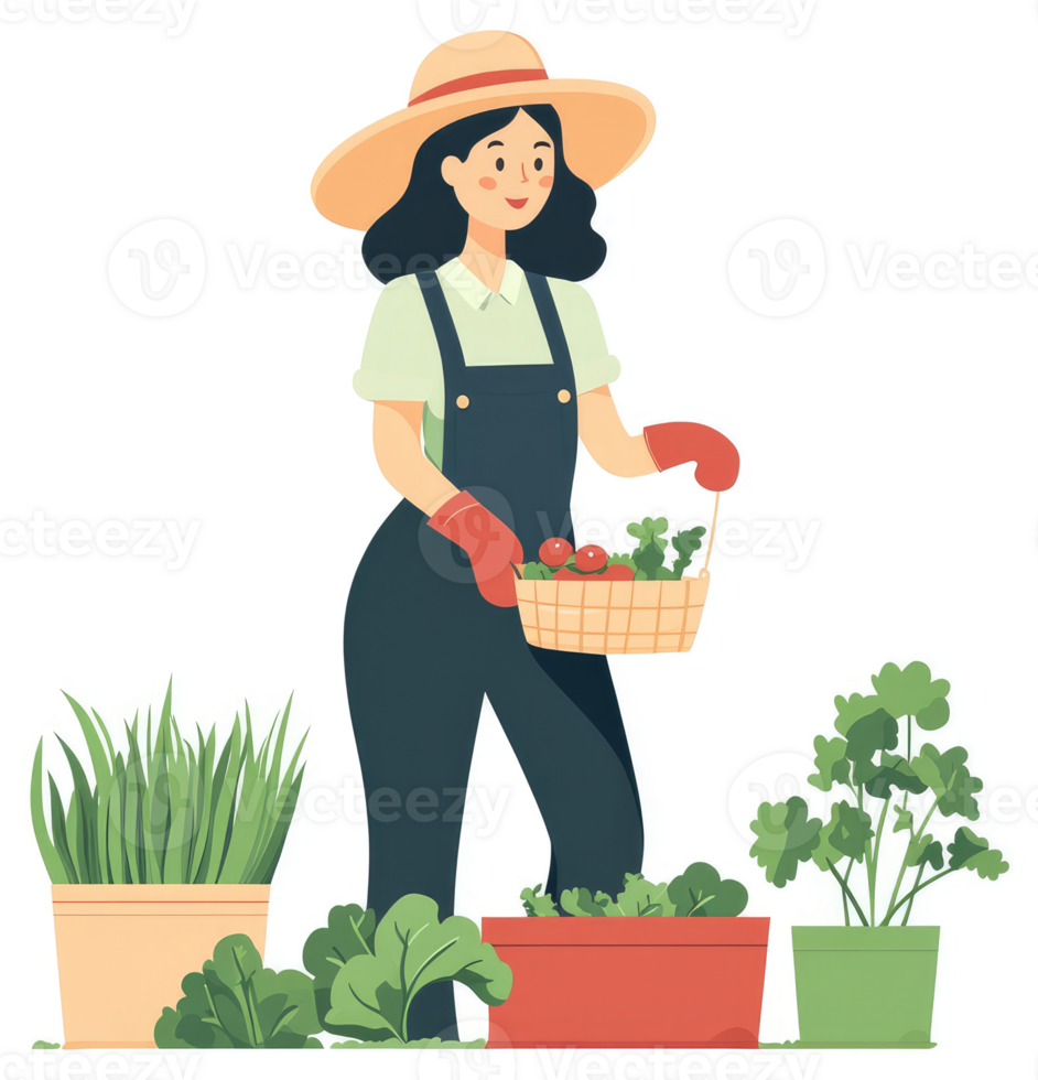 A cheerful farmer harvests a basket of fresh vegetables. png