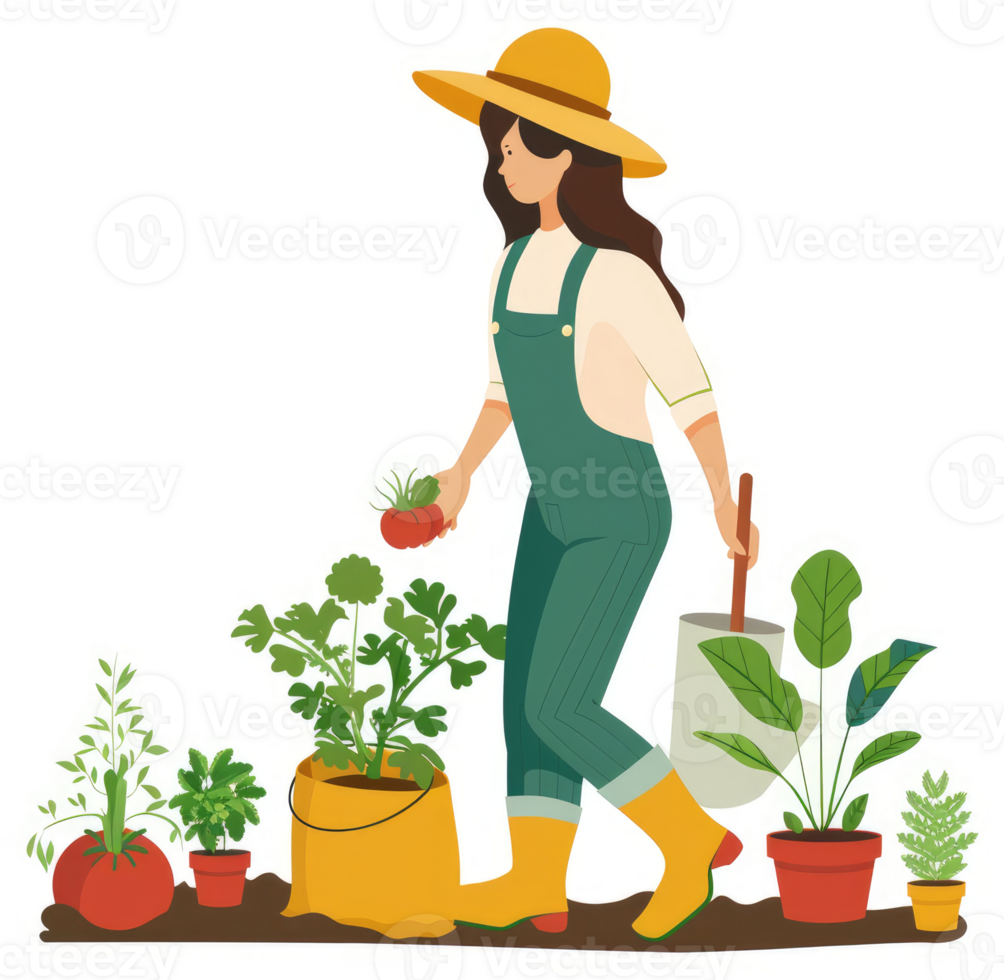 A cheerful gardener harvesting fresh tomatoes and herbs in a vibrant garden. png