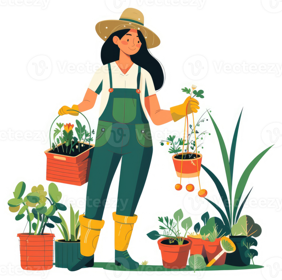 A woman gardener tending to various plants in a garden. png