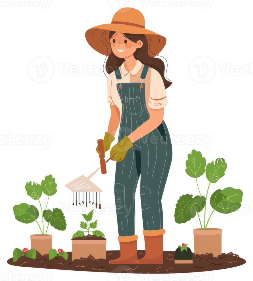 A cheerful gardener removes pests from plants in a home garden. png
