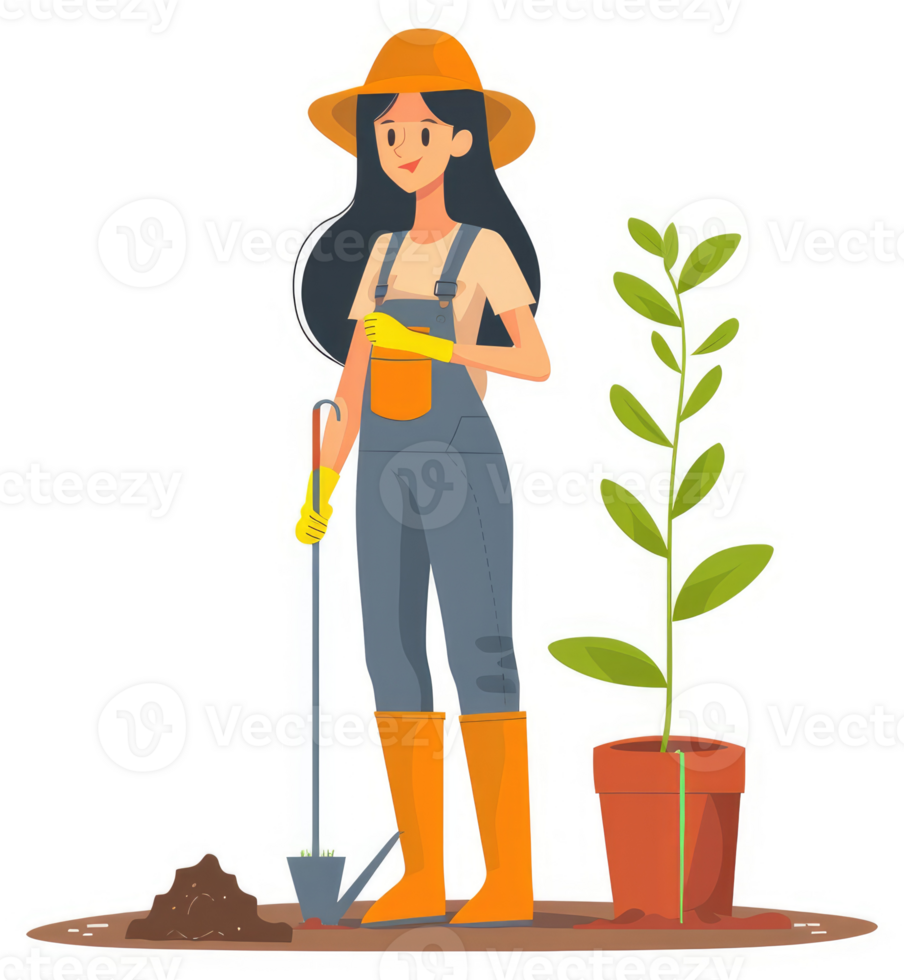 A woman gardener plants a seedling in a terracotta pot. png