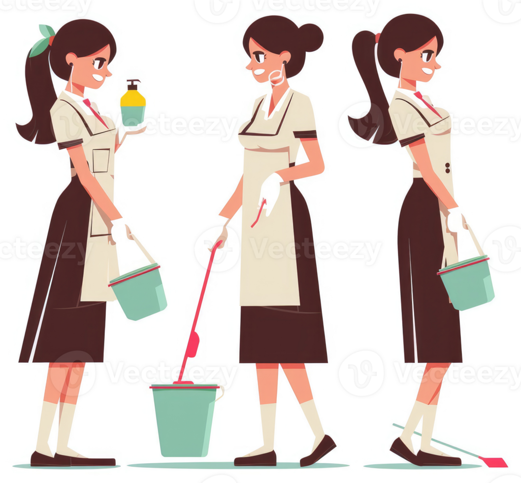 Three female janitors in uniform, demonstrating cleaning tasks. png