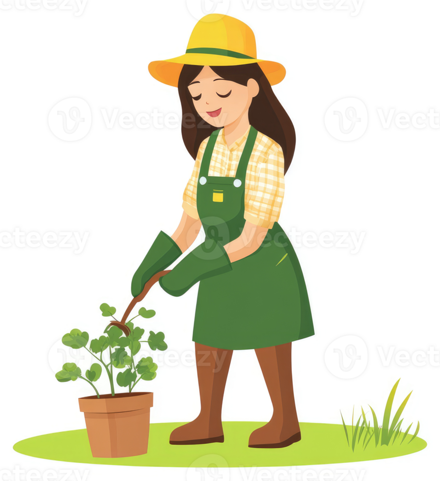 A cheerful gardener tending to a plant in a terracotta pot. png