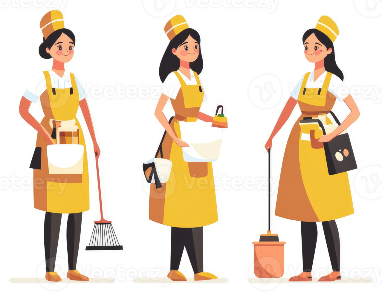 Three female workers in yellow aprons, ready for cleaning. png