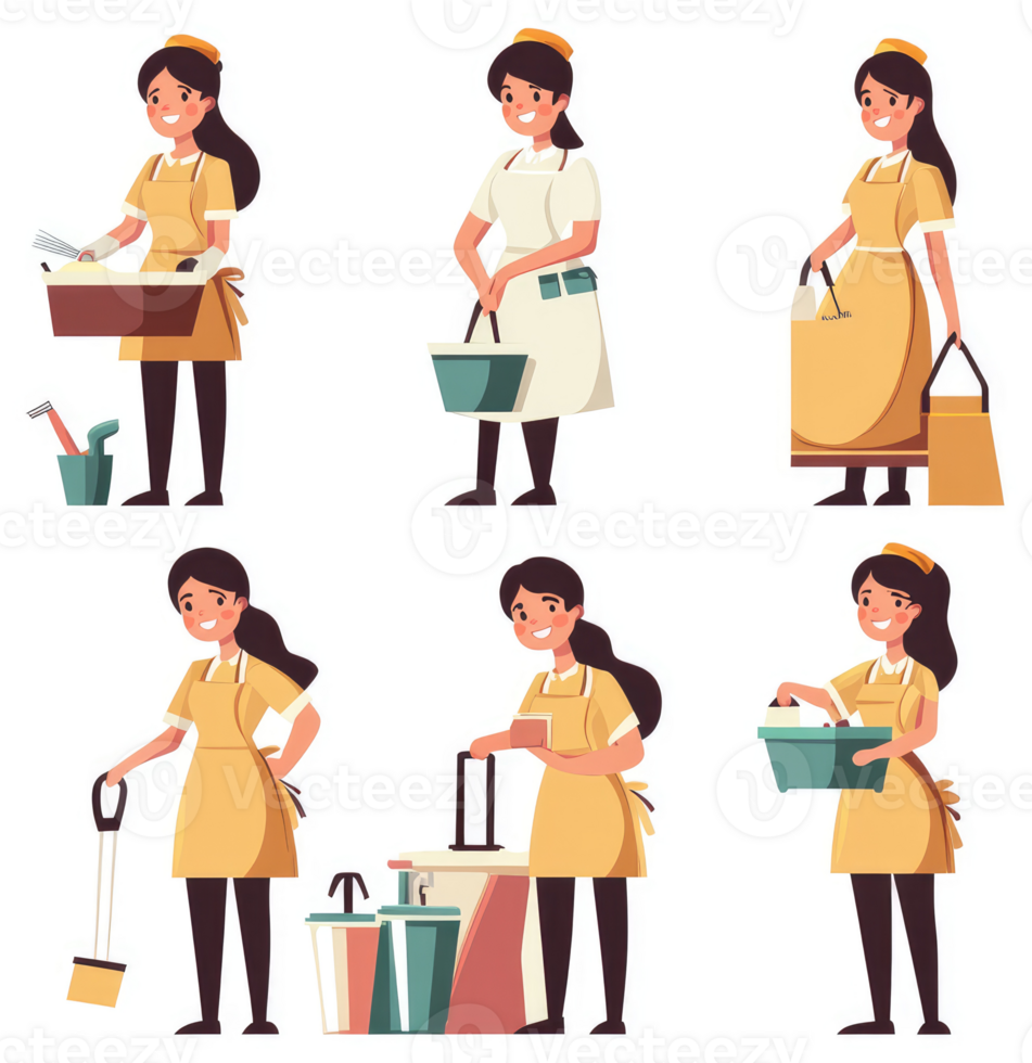 Various poses of a smiling woman in a yellow apron, depicting different service roles. png
