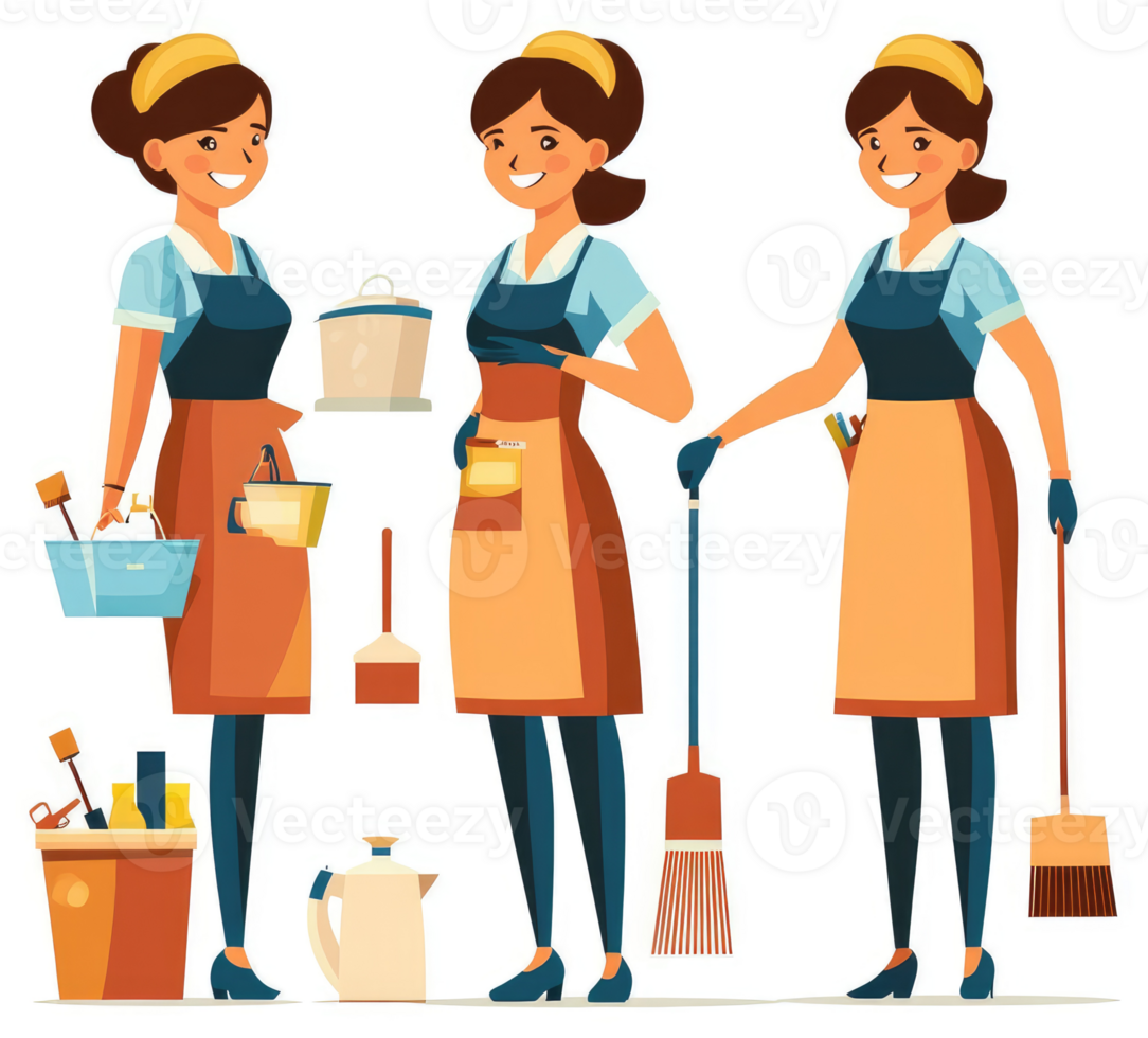 Three cheerful housekeepers ready to clean with various supplies. png