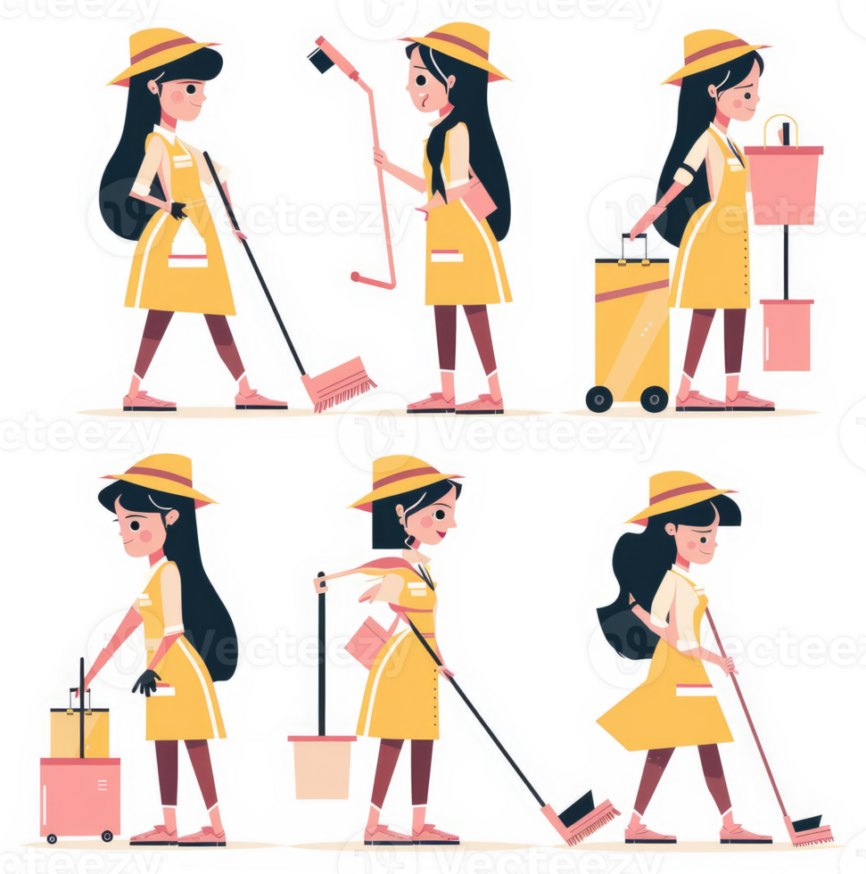 Animated female janitor characters in various cleaning poses. png