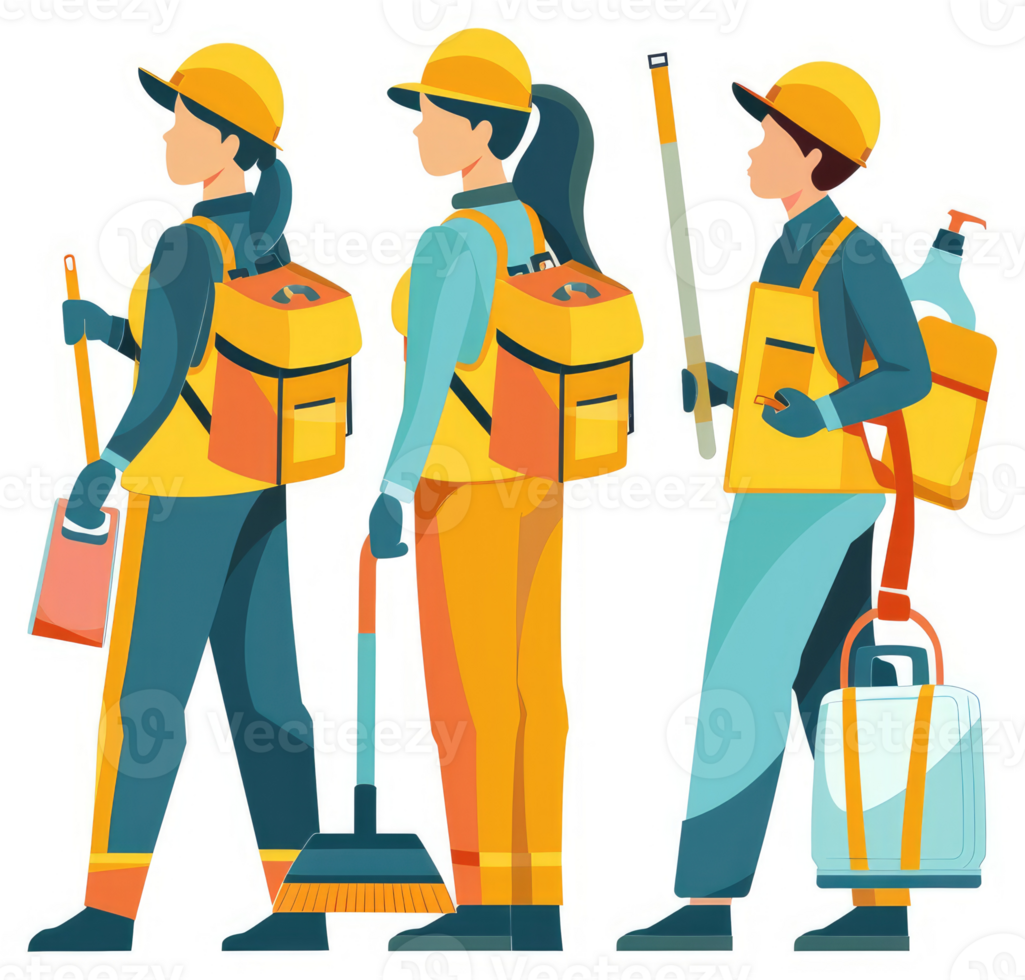 Three uniformed cleaning personnel equipped with supplies for public spaces. png