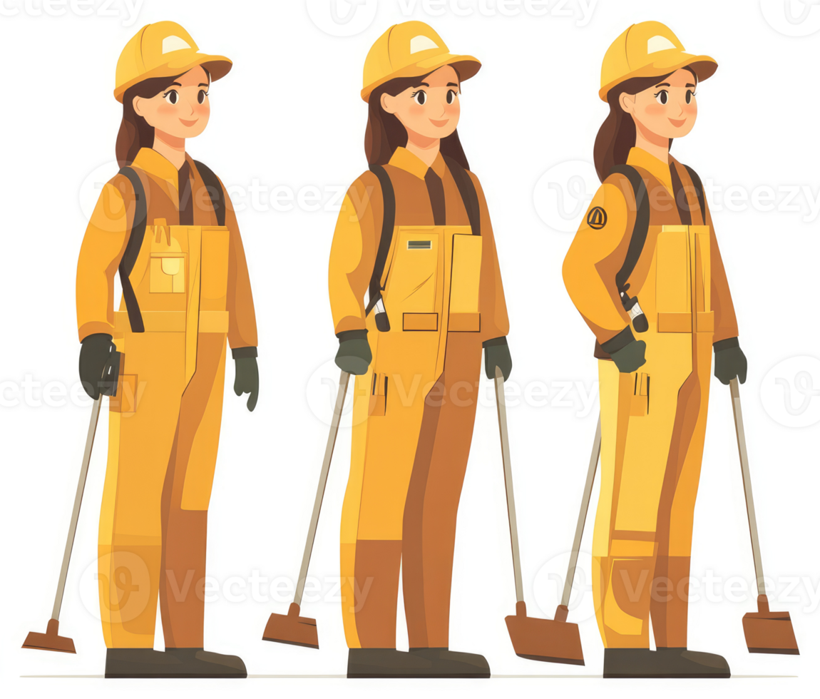 Three female sanitation workers in protective yellow uniforms. png