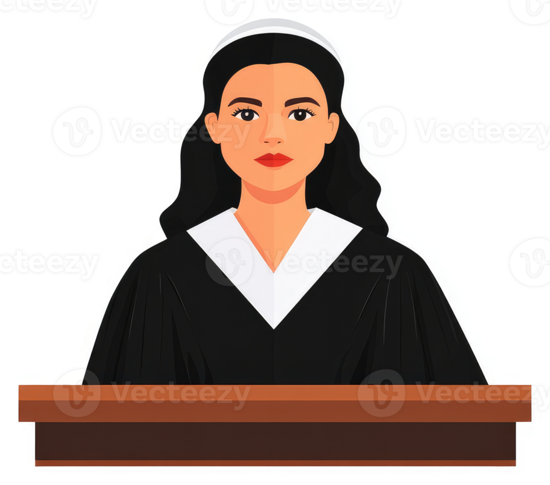 A female judge in a black robe, seated behind a wooden podium. png