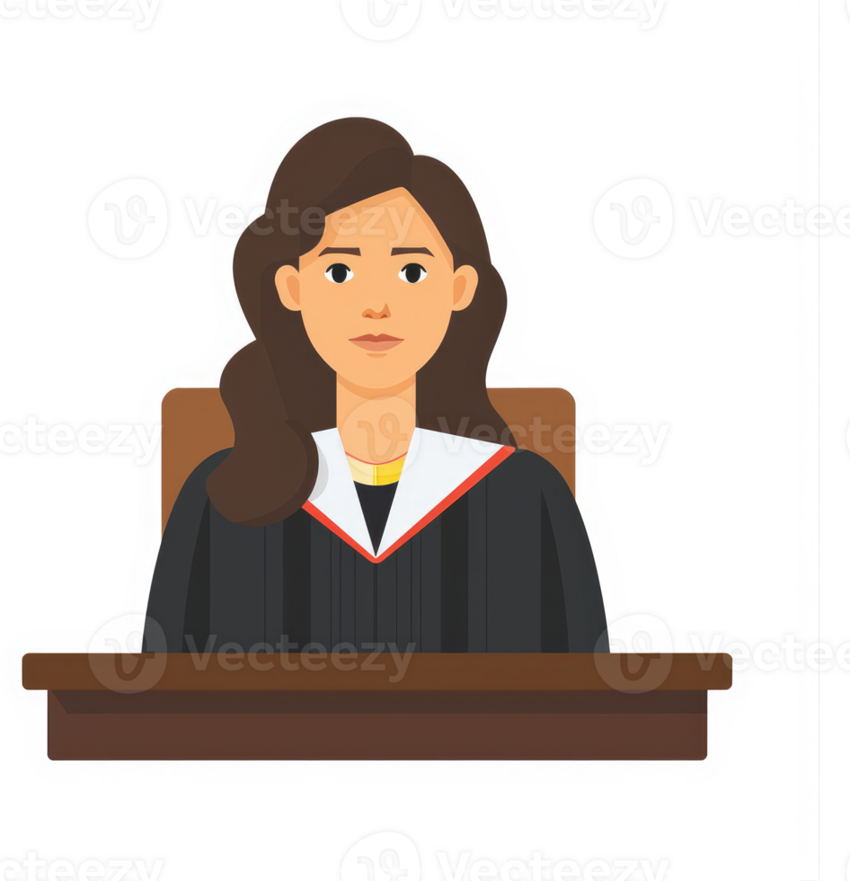 A female judge in formal attire, seated at a desk. png