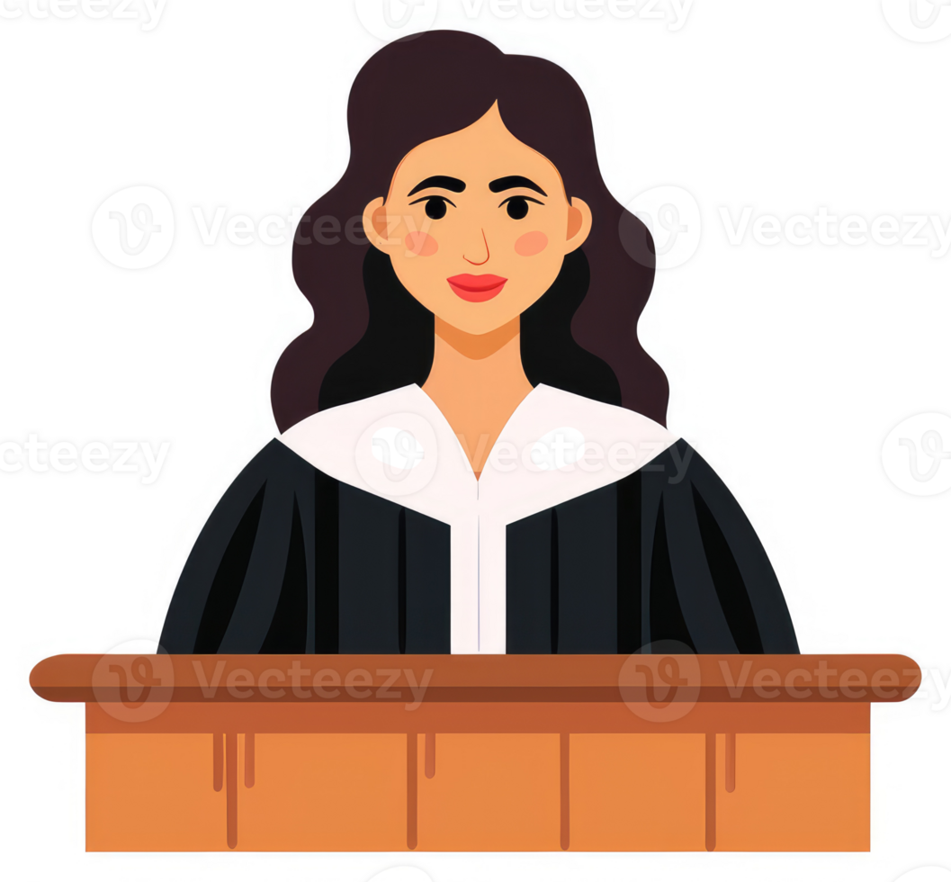 A female judge seated behind a wooden podium. png
