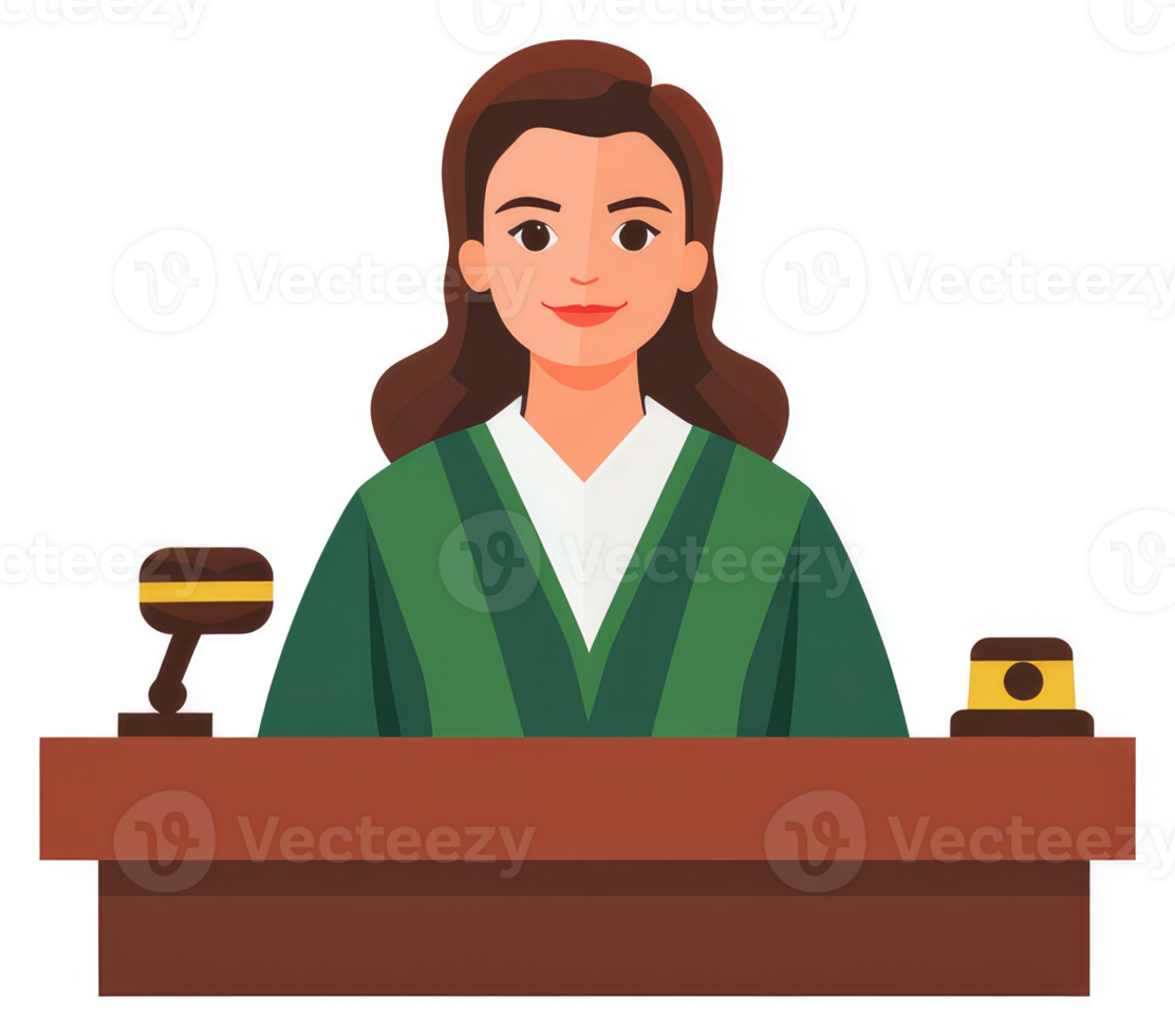 A female judge sits behind a wooden podium. png