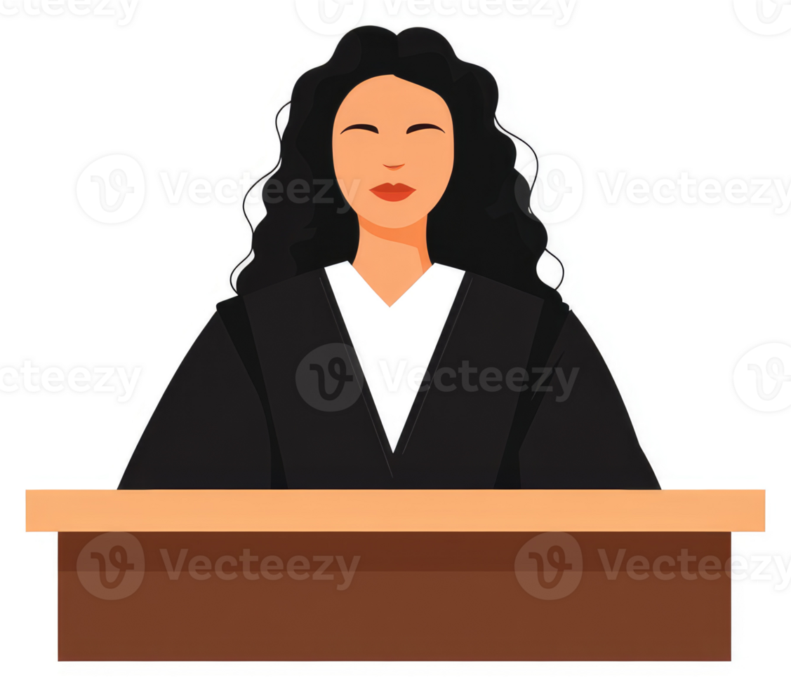 A female judge sits behind a wooden desk. png