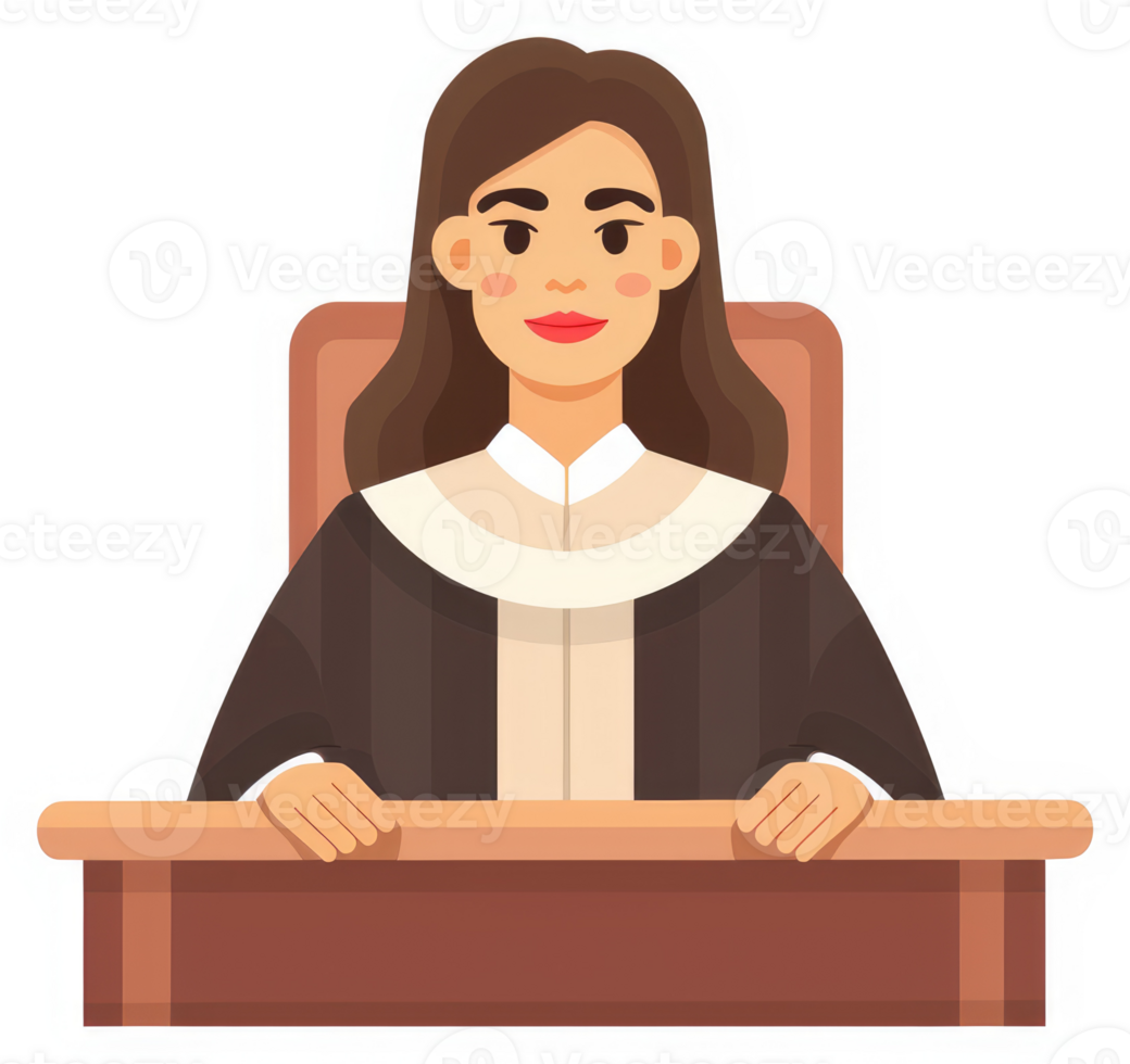 A female judge seated behind a wooden desk. png