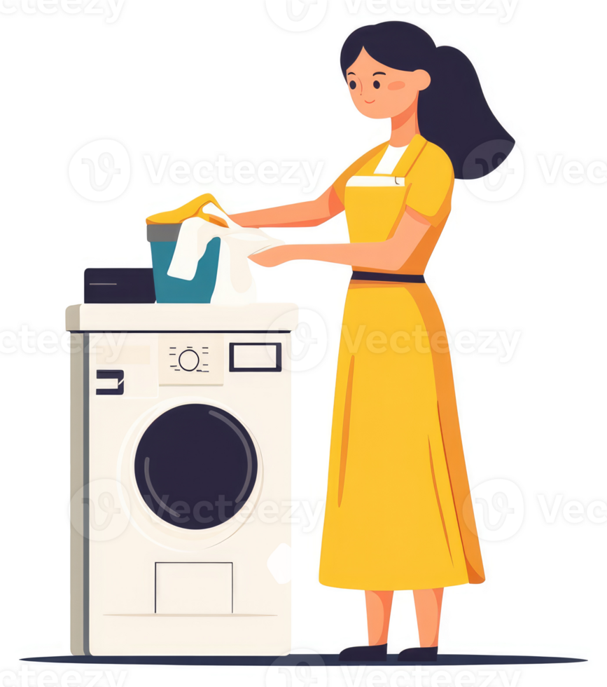 A woman loading laundry into a washing machine. png