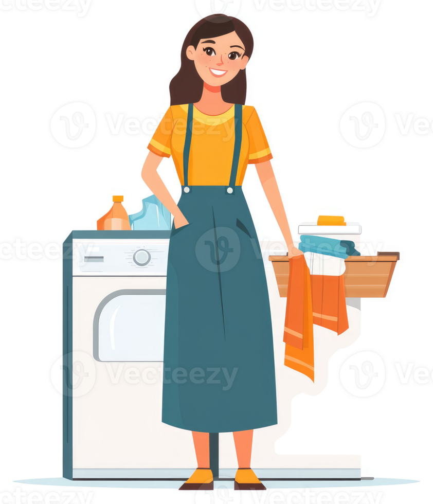 A woman stands by a washing machine, holding laundry. png