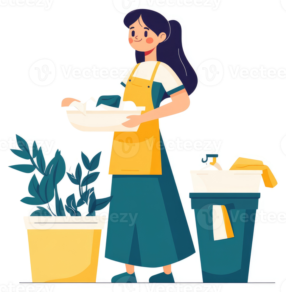 A young woman in an apron washes dishes in a basin. png