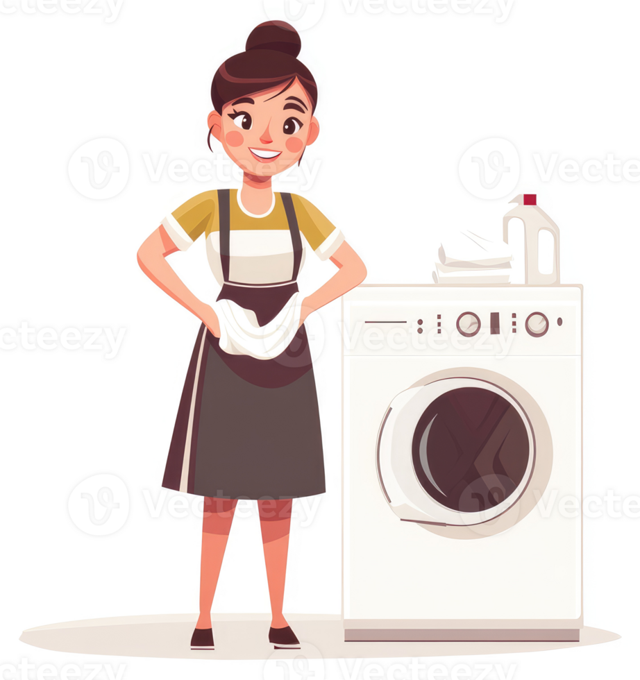 A woman happily doing laundry with a washing machine. png