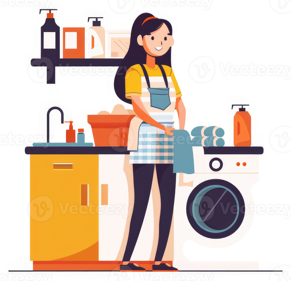 A woman in an apron doing laundry in a utility room. png
