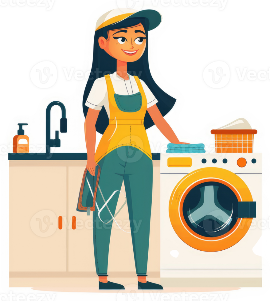 A young woman in an apron, happily doing laundry in a modern kitchen. png