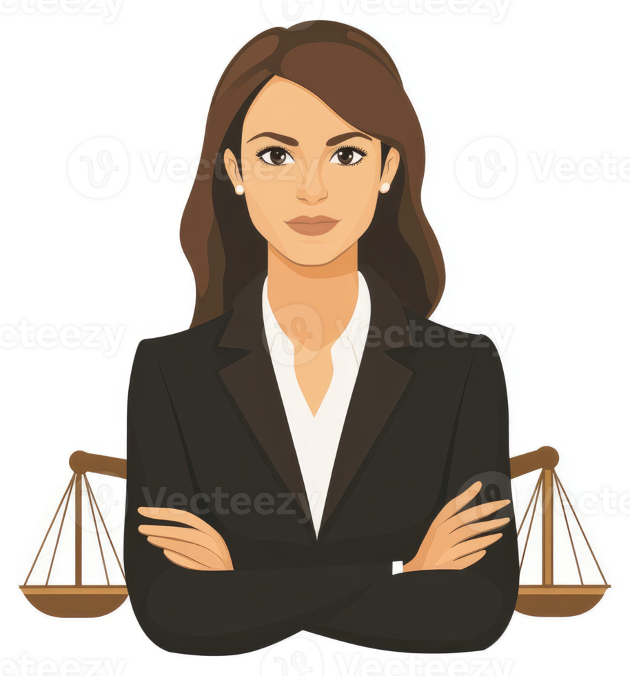 A professional woman in a business suit, with crossed arms, standing behind a balance scale. png