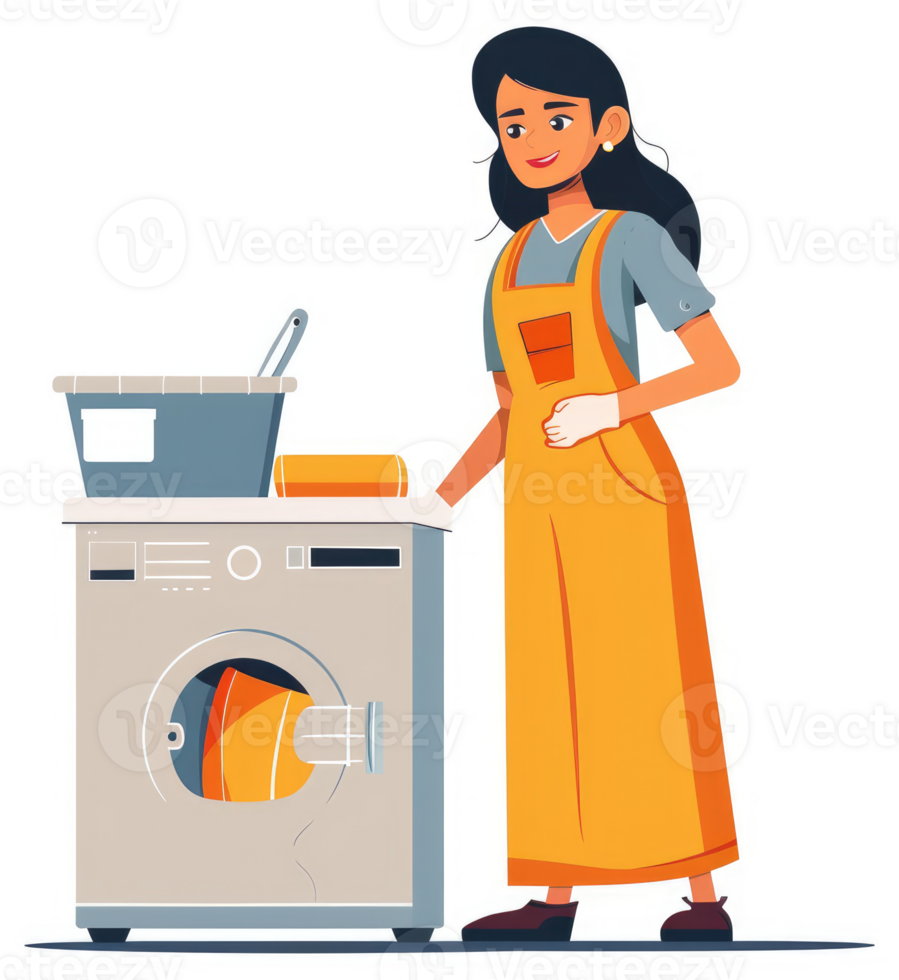 A woman in overalls operates a washing machine. png