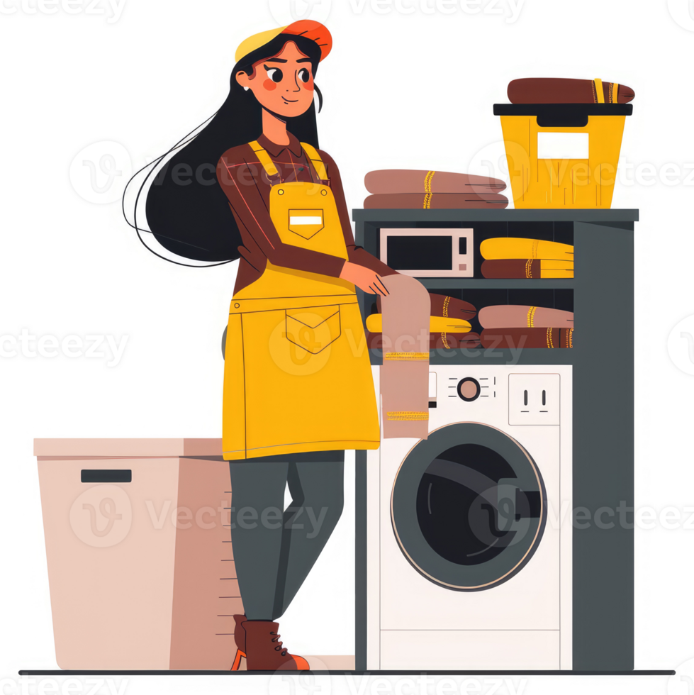 A woman in a yellow apron sorts laundry in a laundry room. png