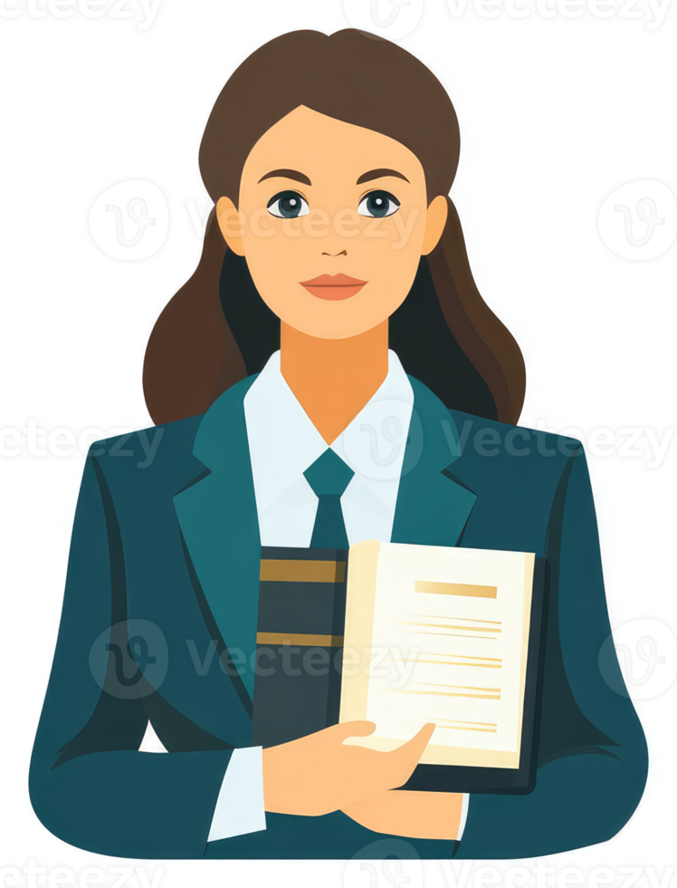 A professional woman in a teal suit holds an open book. png