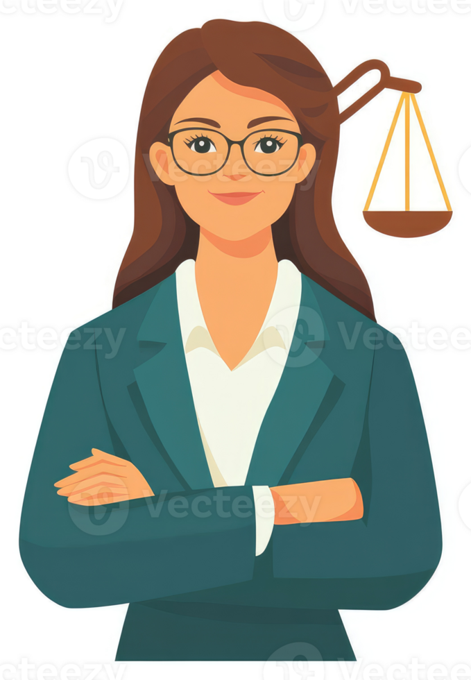 A confident female lawyer in a teal business suit. png