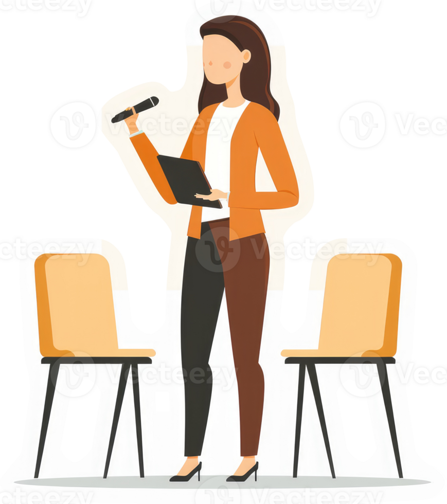 A woman giving a presentation with a microphone and notepad. png