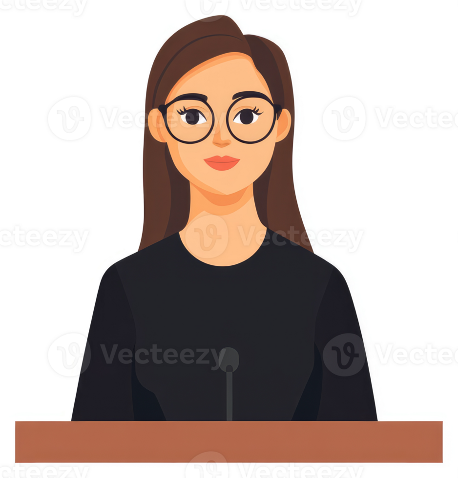 A woman with glasses at a podium, ready to speak. png