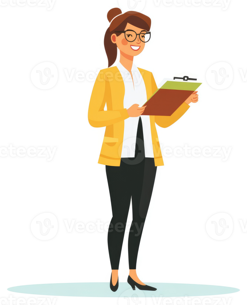 A smiling woman in a yellow jacket holds a clipboard. png